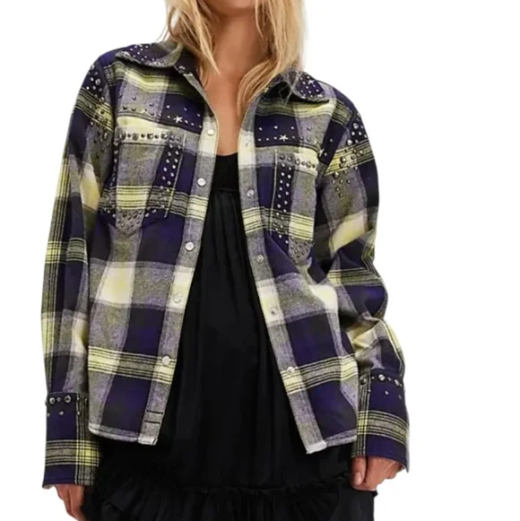 Free People Marfa Plaid Studded Button-Up Flannel Shirt - Picture 2 of 12